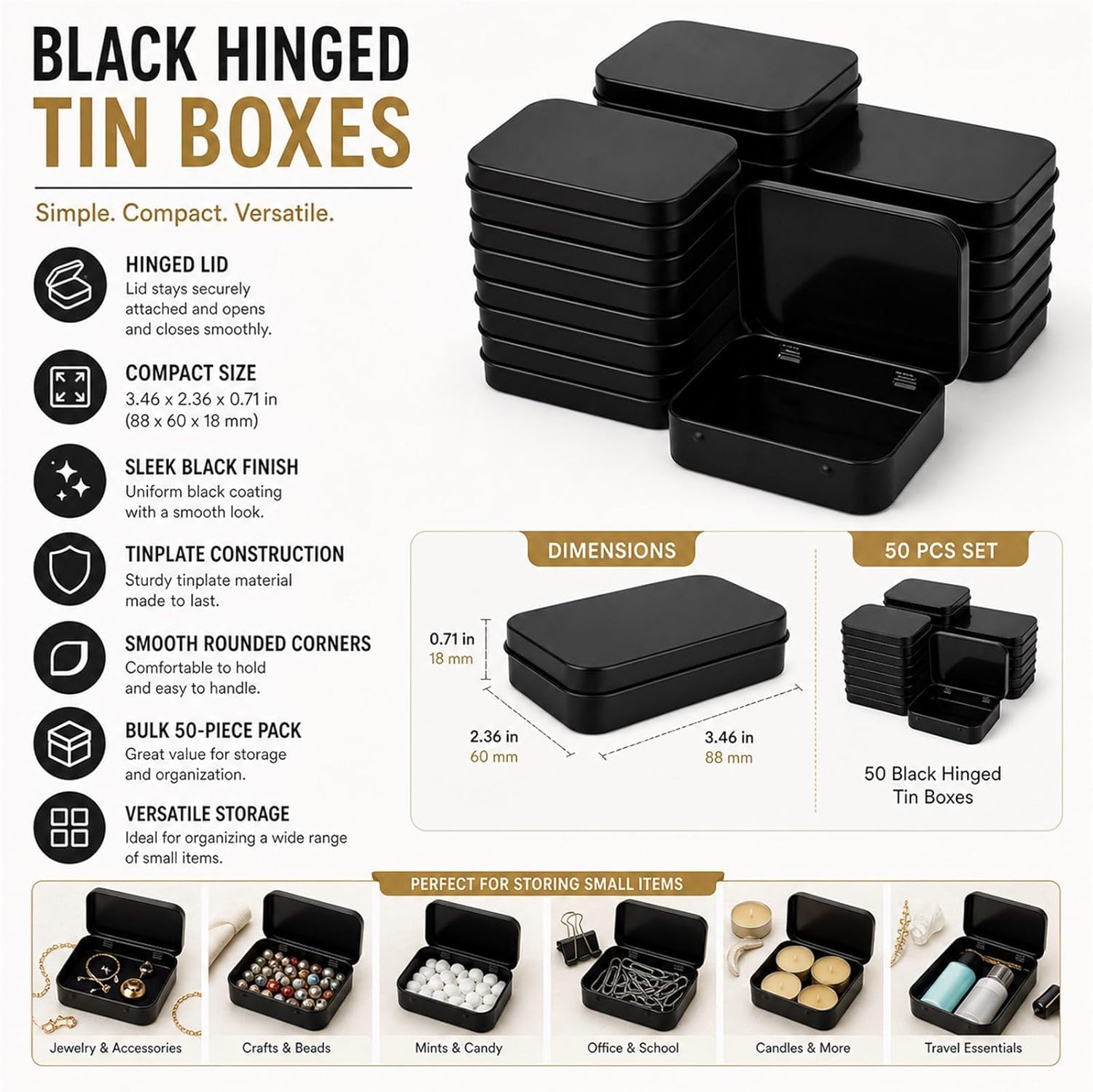 QTLCOHD 50 Pack Metal Rectangular Empty Hinged Tins Black Mini Tin Boxes Containers 3 Ounce Small Tins with Lids for Storage Drawing Pin Candies Jewelry Crafts