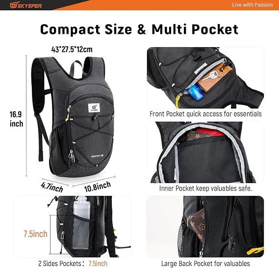 SKYSPER 15L Hiking Backpack Lightweight Foldable Daypack with Chest Strap Small Travel Rucksack for Women Men Packable Folding Bagpack for Travelling