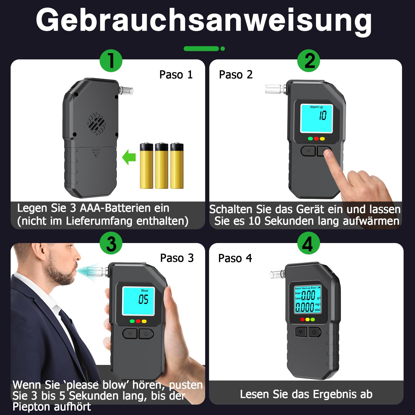 Alkoholtester, Promillemessgerät mit Digitaler LCD-Anzeige, Professioneller Alkoholmessgerät für 20 Mundstücke, Tragbarer Alkohol Tester für Den Persönlichen und Professionellen Gebrauc