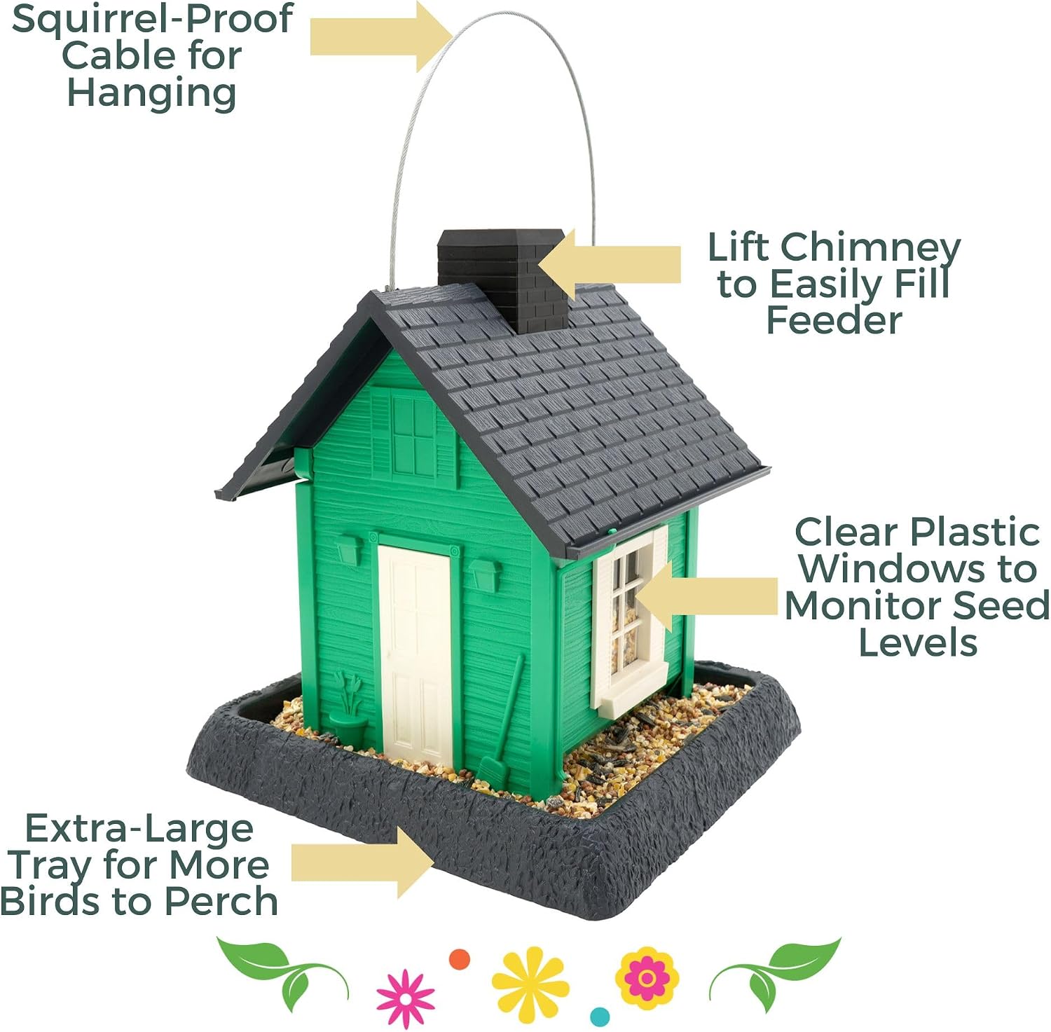 North States Village Collection - Fiesta Green Cottage Bird Feeder: Hanging Bird Feeder for Outdoors, Holds 5 Pounds of Seed