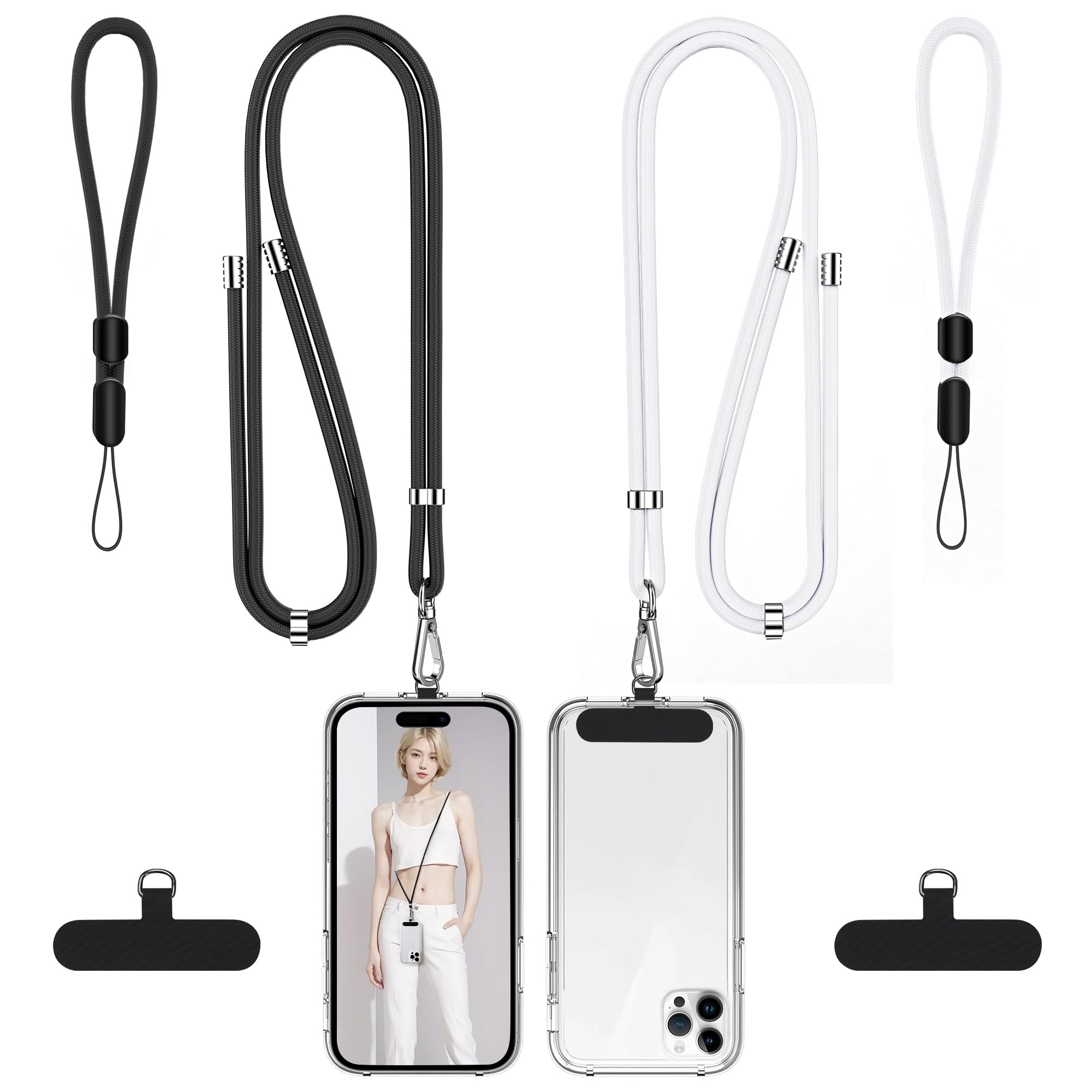 takyu Phone Lanyard, 2 Pack Adjustable CellPhone Lanyard Crossbody Neck Strap and 2 Pack Phone Wrist Strap with Tether Tabs for iPhone Android Smartphones White Black