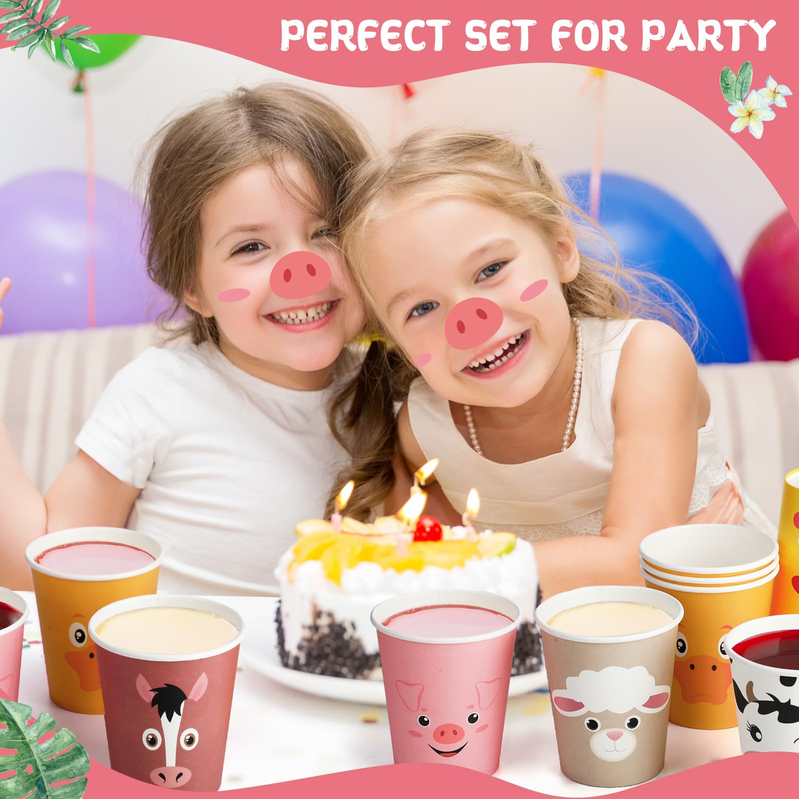 Maxcheck Confezione da 120 bicchieri di carta usa e getta da 255 ml, motivo: animali della fattoria, carini, maiali, pecore, pollo, anatra, cavallo, mucca, per bambini, feste di compleanno,
