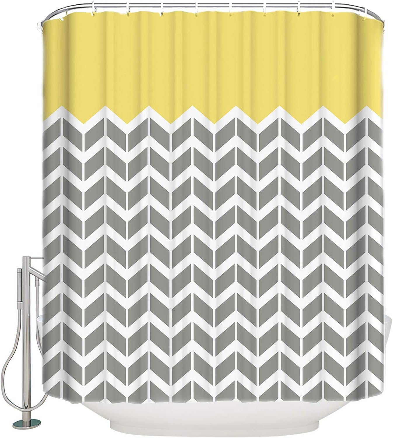Shower Curtain, Wave Stripe Design Geometric Pattern Gray Yellow Water Repellent Polyester Fabric Bath Curtains with Hooks for Bathroom Showers Stalls Bathtubs, 72"x78"
