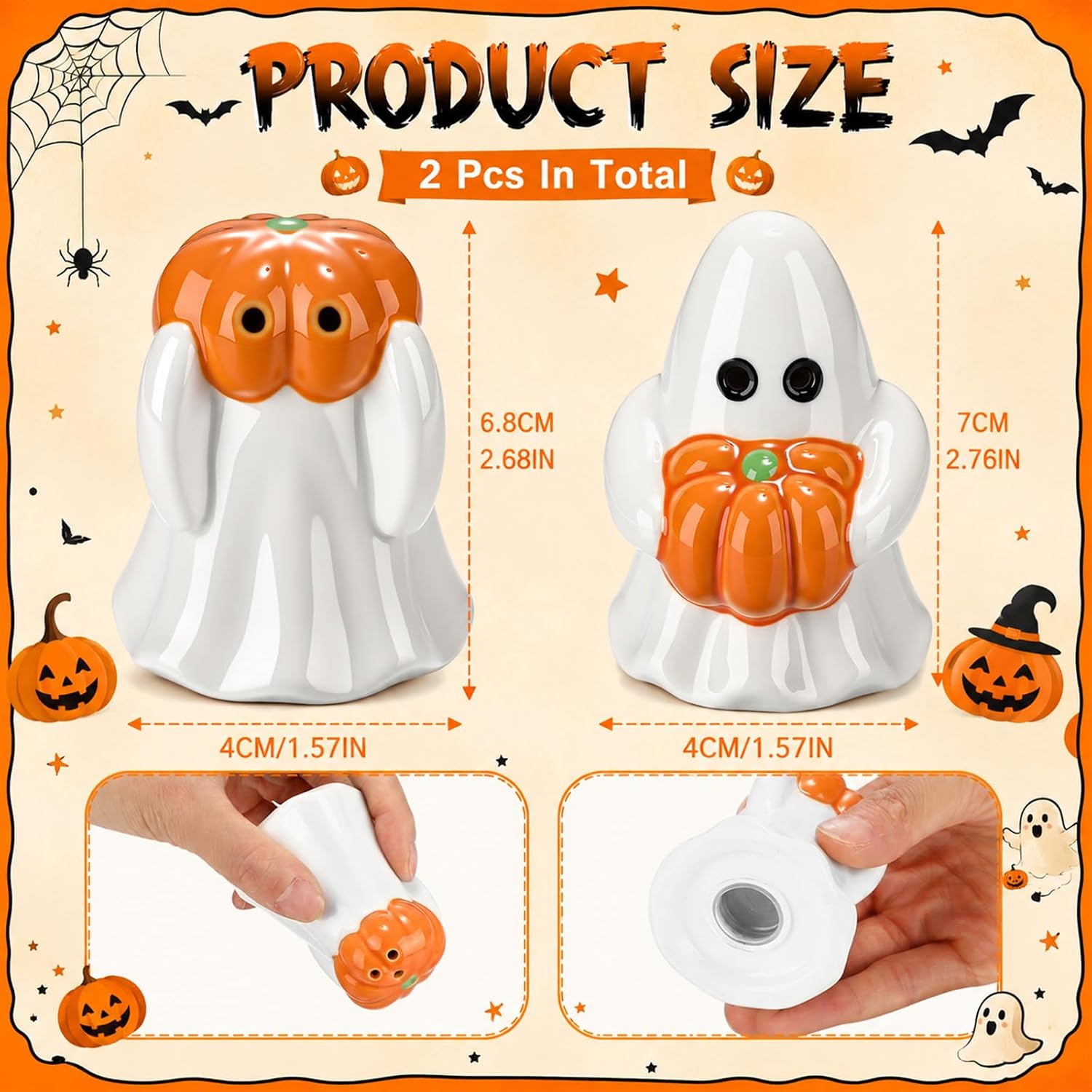 2 Pcs Halloween Ghost Shaped Salt and Pepper Shaker, White Orange image 2