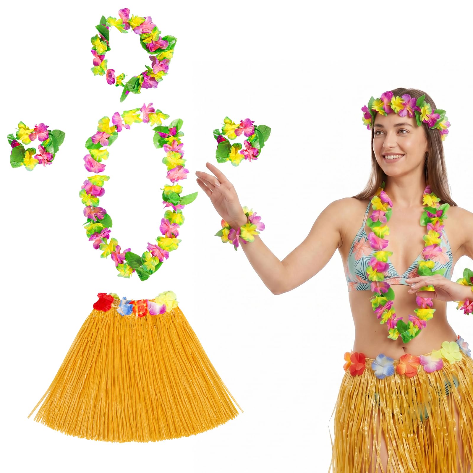 Geukmun 5Pcs Hawaiian Fancy Dress Hula Skirt Set for Women and Adults - Grass Skirt with Flower Leis Necklace Headband Wristband for Hawaiian Party Decorations, Beach Tropical Luau Costume