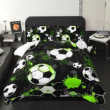 Graffiti Black White Soccer Comforter 3Pcs Twin Green Soccer Geometric Honeycomb Bedding Set for Kid Teen Girl Boy Adult Sports Games Football Quilt Bed Decor with 1 Comforter & 2 Pillowcases