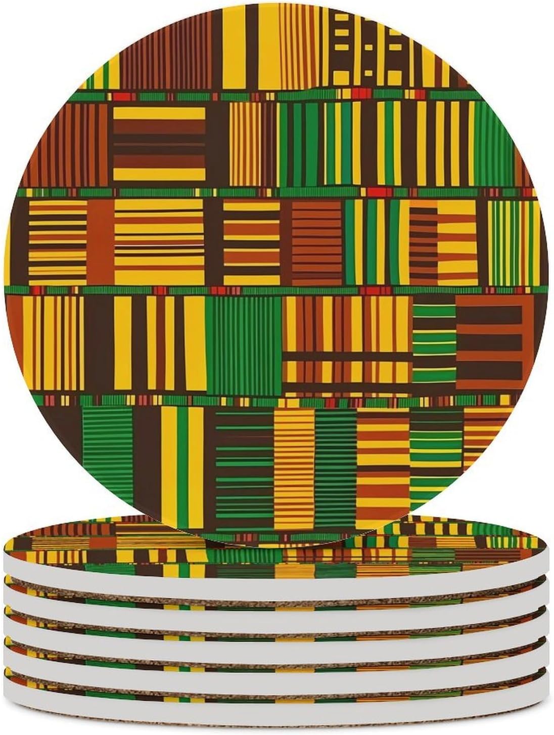 African Kente Cloth Pattern Round Ceramic Coasters for Drinks Absorbent Cup Holder Tabletop Protector with Cork Base