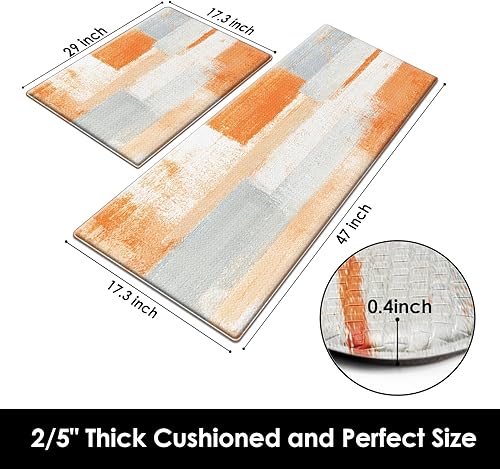 Miniatura 2 de Arttown Juego de 2 tapetes de cocina antifatiga gris naranja y gris abstracto, tapete antideslizante impermeable y tapete ergonómico de espuma de