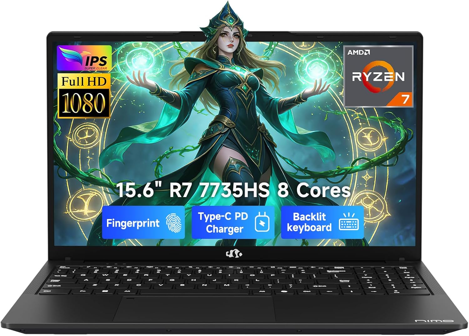 NIMO 15.6" IPS FHD Gaming Laptop, AMD Ryzen 7 7735HS 16GB DDR5 RAM 1TB SSD (Beats i7-12650H, Up to 4.75GHz) Computer, 100W Type-C, Radeon 680M, Backlit Keyboard, Webcam, Fingerprint Unlock