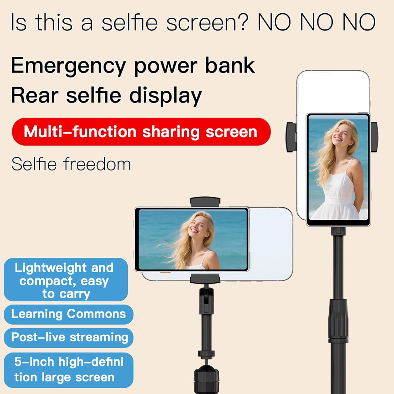 Back Camera Monitor Phone, 5 Inch Touch Screen, Selfie Monitor Screen Phone, 1080x1280 Resolution, 5000mAh Battery, Type-C Charging, 10-12 Hours Runtime, Wireless