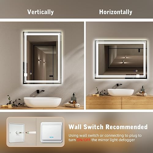 Miniatura 4 de Hoozha Espejo de baño LED de 24 x 32 pulgadas, espejo de baño regulable de 3 colores, brillo ajustable, antivaho, CRI90, impermeable, espejo de baño