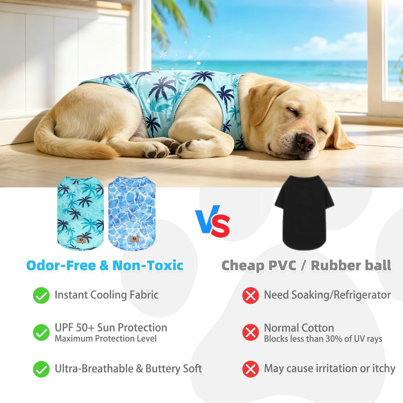 KOOLTAIL Lot de 2 vêtements rafraîchissants pour chiens de grande taille, protection UV et insectes UPF50+, séchage rapide, anti-perte de poils, respirant, sans manches, motif glaçons et noix de coco