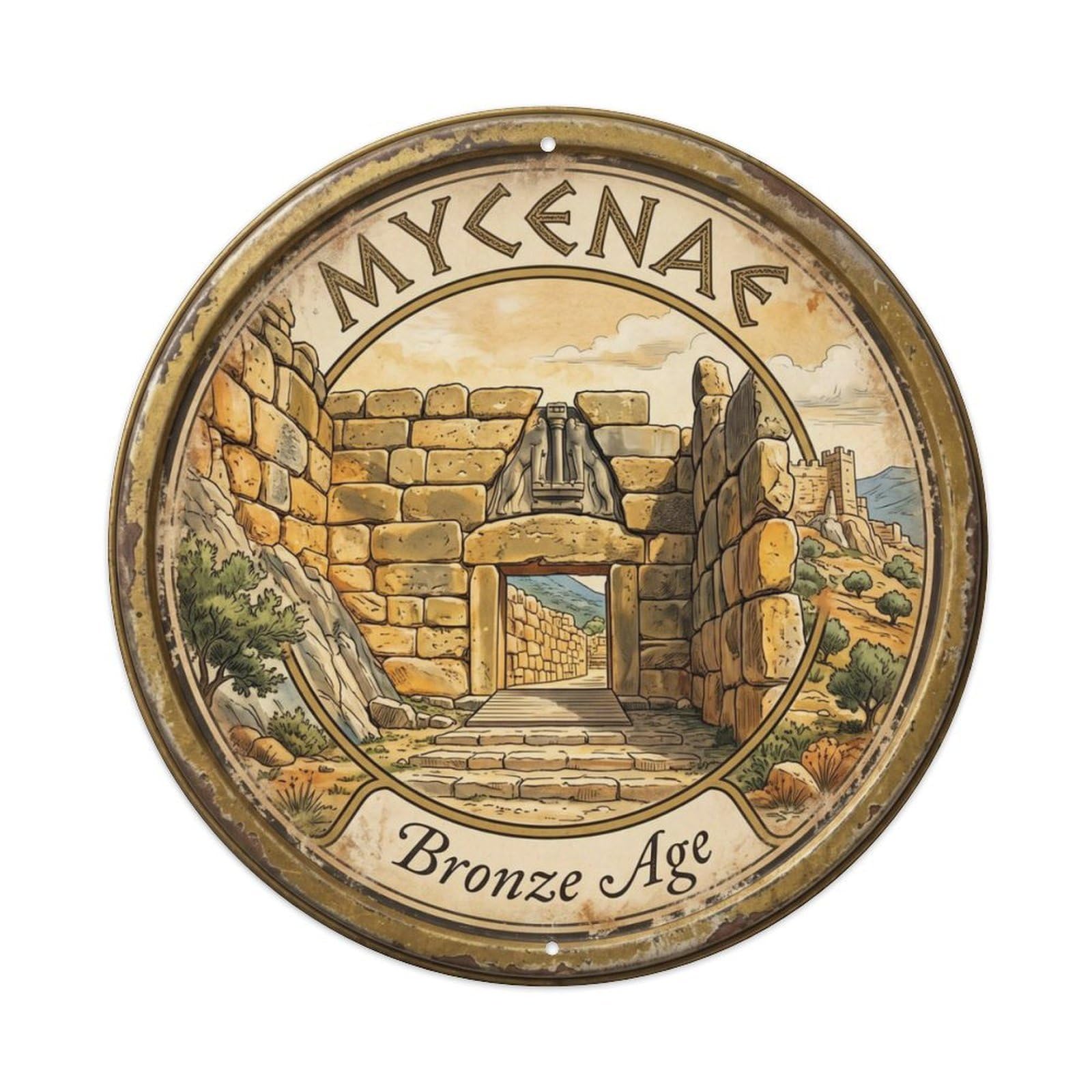 Vintage Travel Mycenae Lion Gate Metal Tin Sign Plaque Wall Decor for Cafe, Club Bar, Office, Home Garden Round Metal Poster 8x8Inch