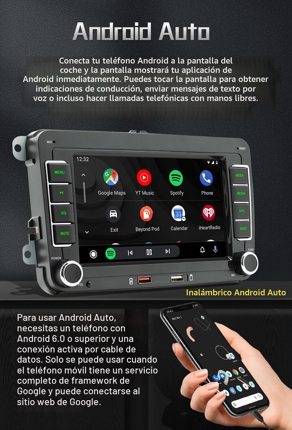 Radio VW con CarPlay Inalámbrico y Android Auto, Pantalla de 7 Pulgadas, Bluetooth, Mirror Link, EQ, Radio FM/Am/RDS SWC, Autoestéreo para VW Passat Golf Polo Caddy EOS Touran Tiguan Jetta Seat Skoda