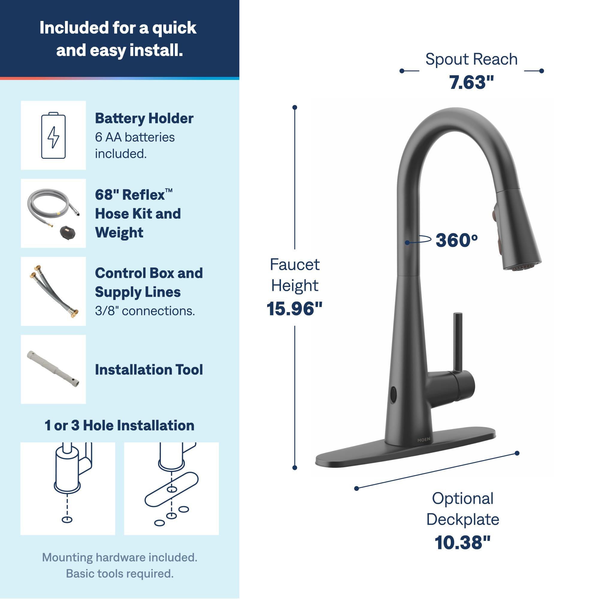 Moen 7864EWBL Robinet de cuisine moderne à une poignée avec capteur d'onde Motionsense élégant et sans contact, noir mat