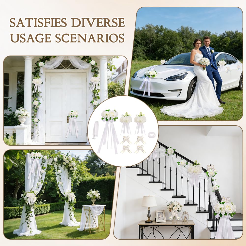 Déco de Voiture de Mariage, Kit de Décoration de Voiture de Mariageavec 3 Roses 4 Nœud 1 Tulle & 1 Ruban Adhésif, Deco Mariage Voiture pour Mariage Réception Cérémonie Fête