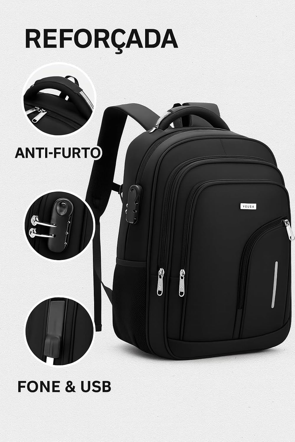 Mochila Masculina Reforçada Executiva Grande Mochila para Notebook Trabalho Viagem Escola com Cabo de Aço Impermeável Antifurto com Saídas USB Fone de Ouvido Feminina Unissex Linha Super Premium Mochila Masculina Reforçada Executiva Grande Mochila para Notebook Trabalho Viagem Escola com Cabo de Aço Impermeável Antifurto com Saídas USB Fone de Ouvido Feminina Unissex Linha Super Premium