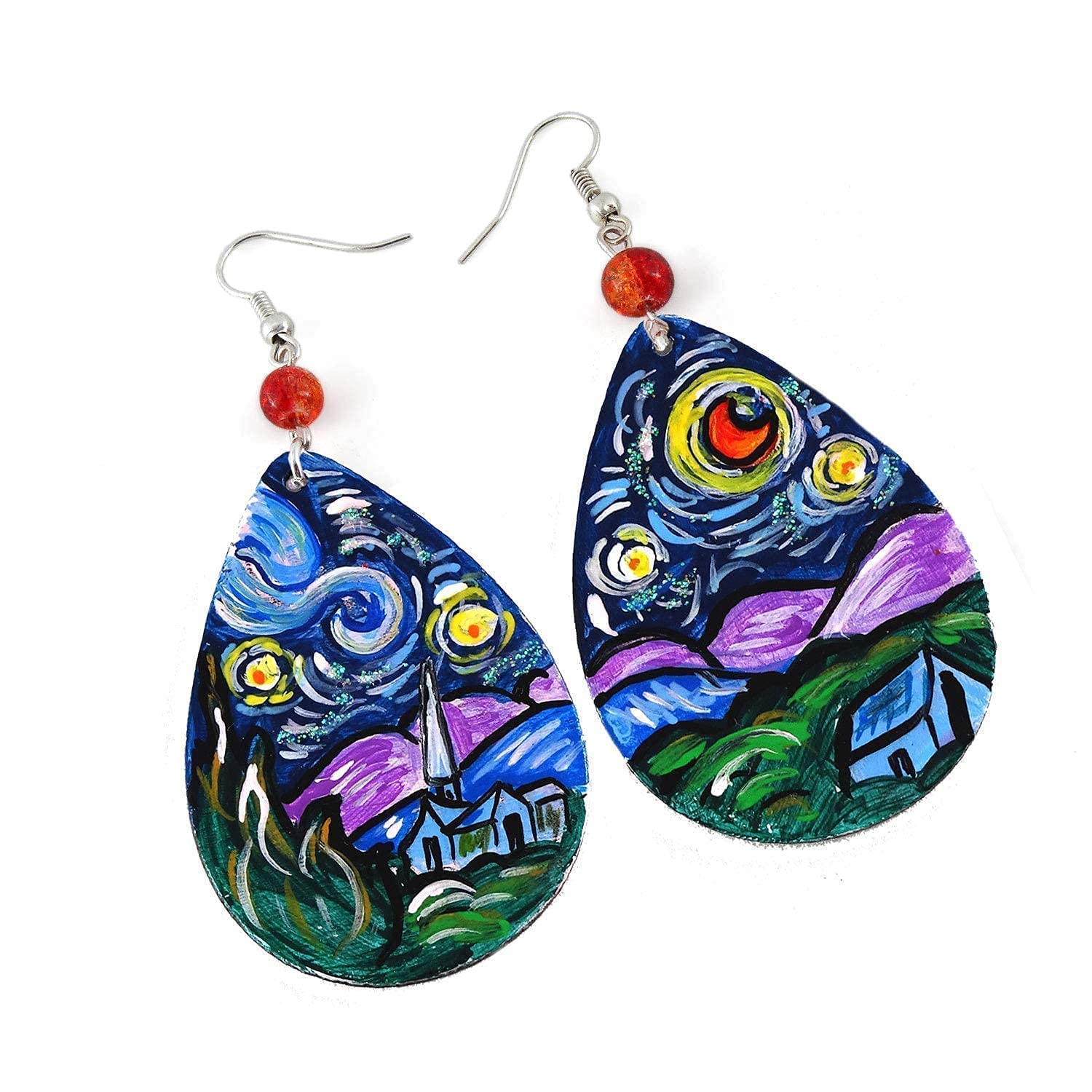 Boucles d'oreilles peintes à la main - LA NUIT ÉTOILÉE TABLEAU CÉLÈBRE - Boucles d'oreilles pendantes pour femme, Bijoux en bois, Crochet en argent, Fabriqué en Italie, Bijoux pour femmes décorés
