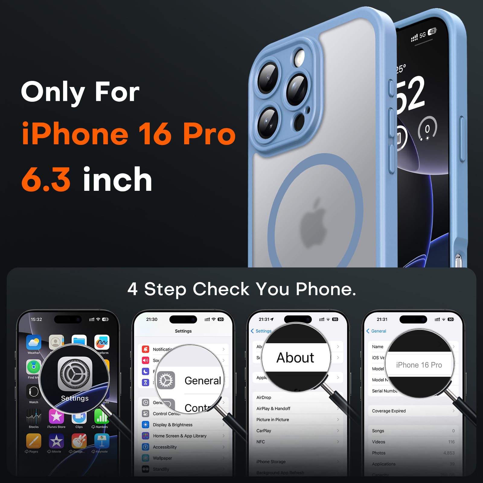 TOCOL 3 in 1 Cover Magnetica per iPhone 16 Pro 6,3 Pollic, con 2 Vetro Temperato, Compatibile con MagSafe [Protezione Fotocamera Integrata] Custodia Antiurto Traslucida Opaca, Blu Chiaro