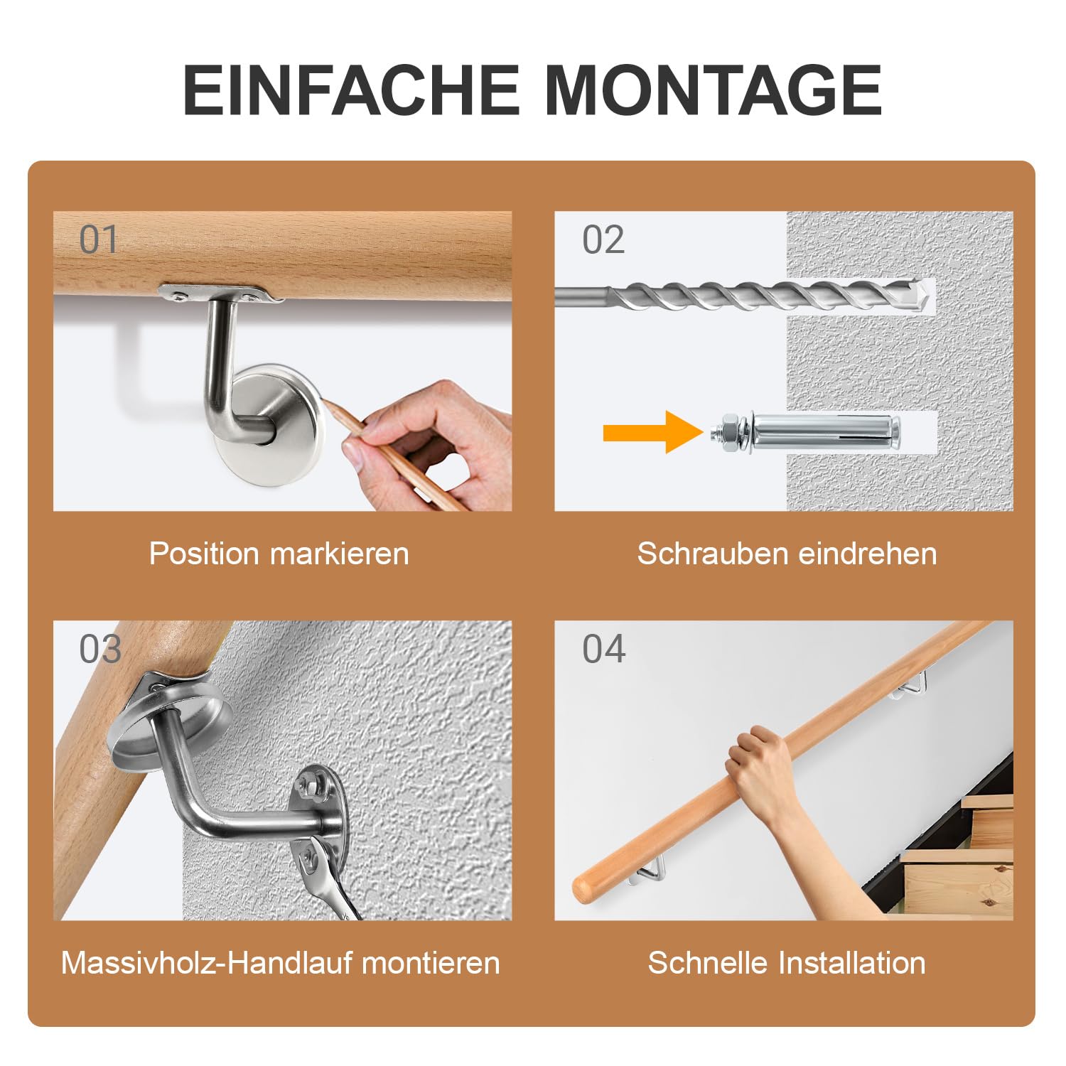 Pasamanos de madera, 150 cm, barandilla para escaleras, diámetro de 42 mm, pasamanos de pared, montaje lateral, incluye soportes de pared, material de montaje