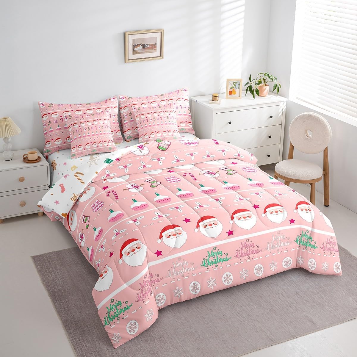Feelyou Merry Christmas Decorative Pink Bed in a Bag Twin Size Xmas Cartoon Santa Claus Snowmen Comforter Set with Sheets 7 Piece Winter New Year Bedding Set Gifts for Kids Boys Girls 2 Pillow Cases