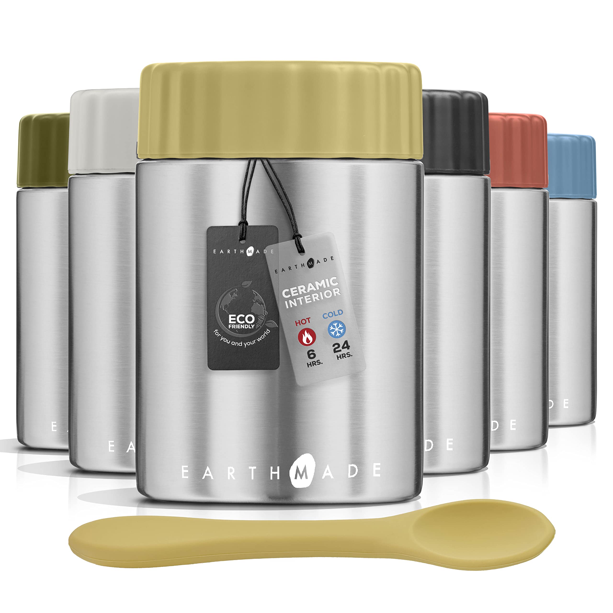 Earthmade Stainless Steel Insulated Food Jar,13 oz Food Thermos for Hot Soup & Cold Fruit, Ceramic Interior Food Container, Silicone spoon Eco-Friendly