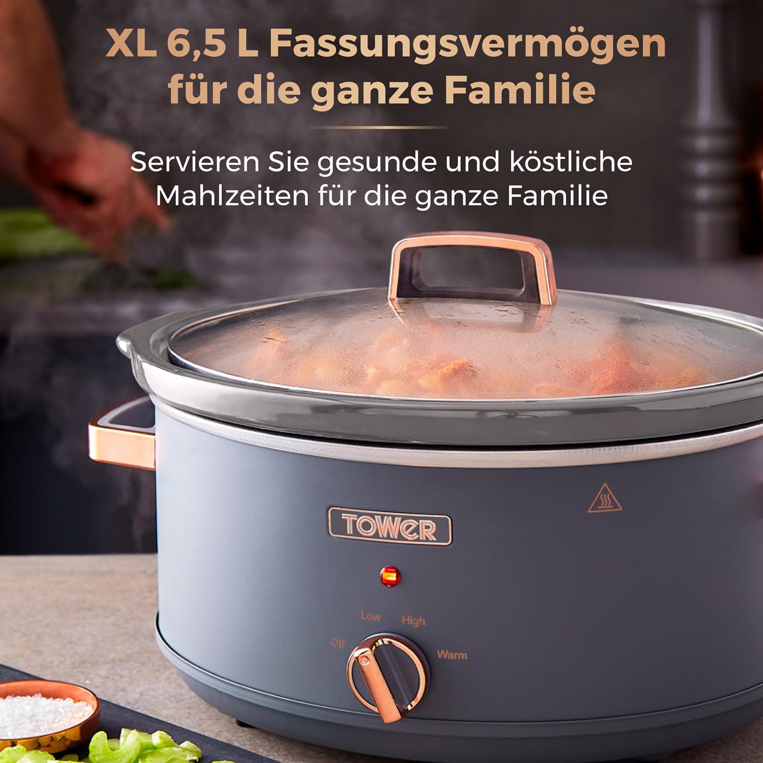 Tower T16043GRY Cavaletto 6,5 Liter Schongarer mit 3 Wärmestufen, Cool Touch Griffe, Grau und Roségold