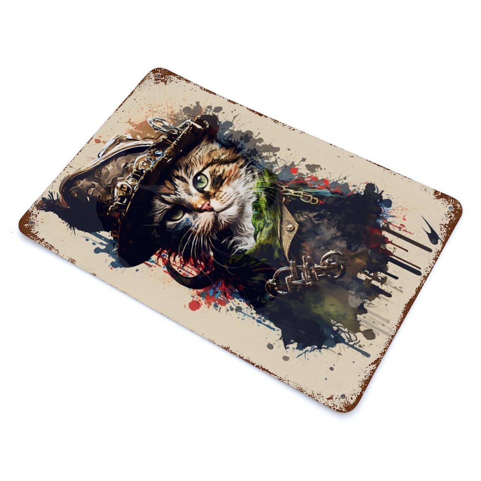 Rust Effect Painting of A Cat Pirate Rusty Metal Tin Sign 11.8"x7.9", Old School Wall Decor for Basement, Hobby Room And Garage Decor