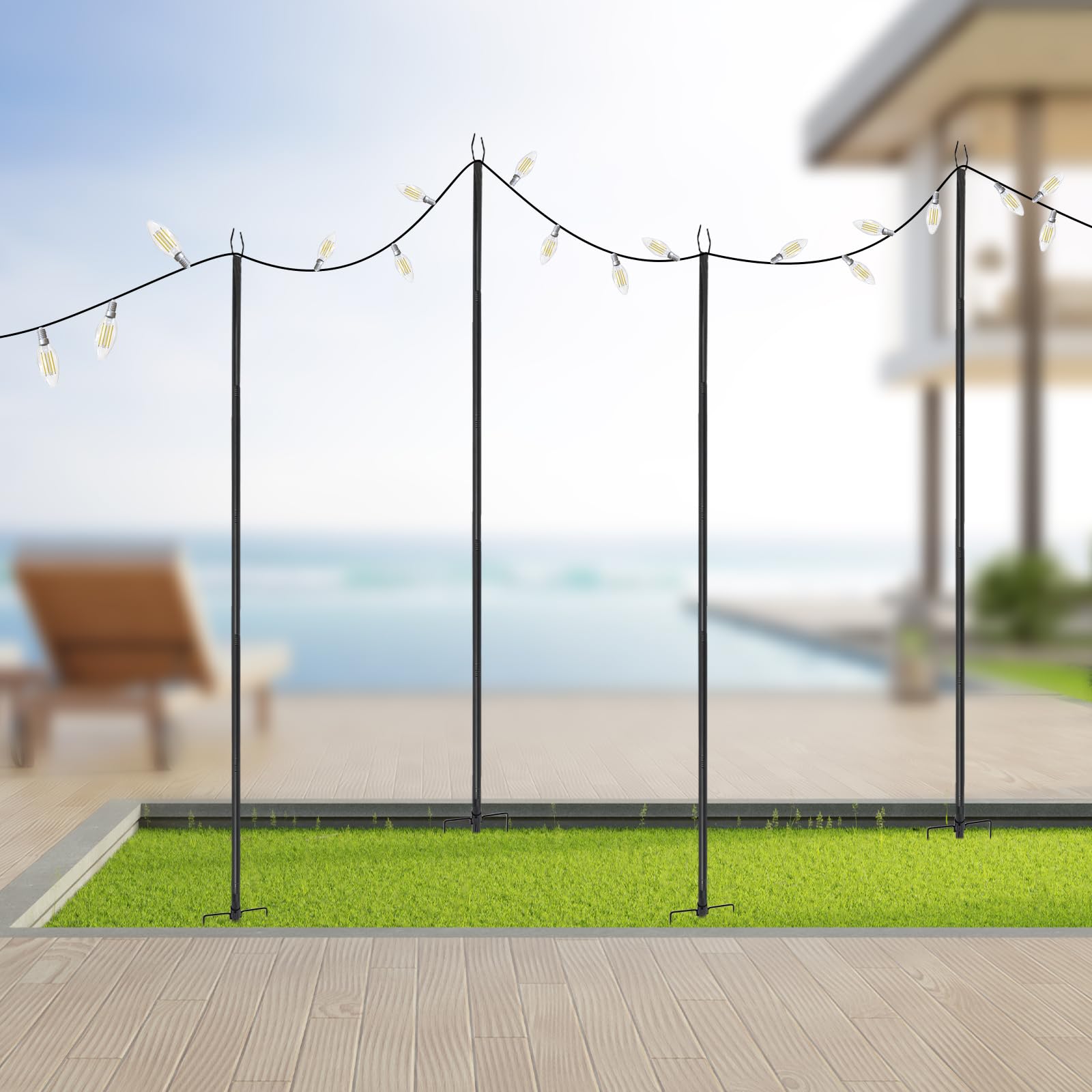 Lichterkettenstangen, 4 Stück String Light Pole für den Außenbereich, 3m Metallstangen mit Haken für Terrassen-Lichtstangen, Gartenparty, Hinterhof, Partys