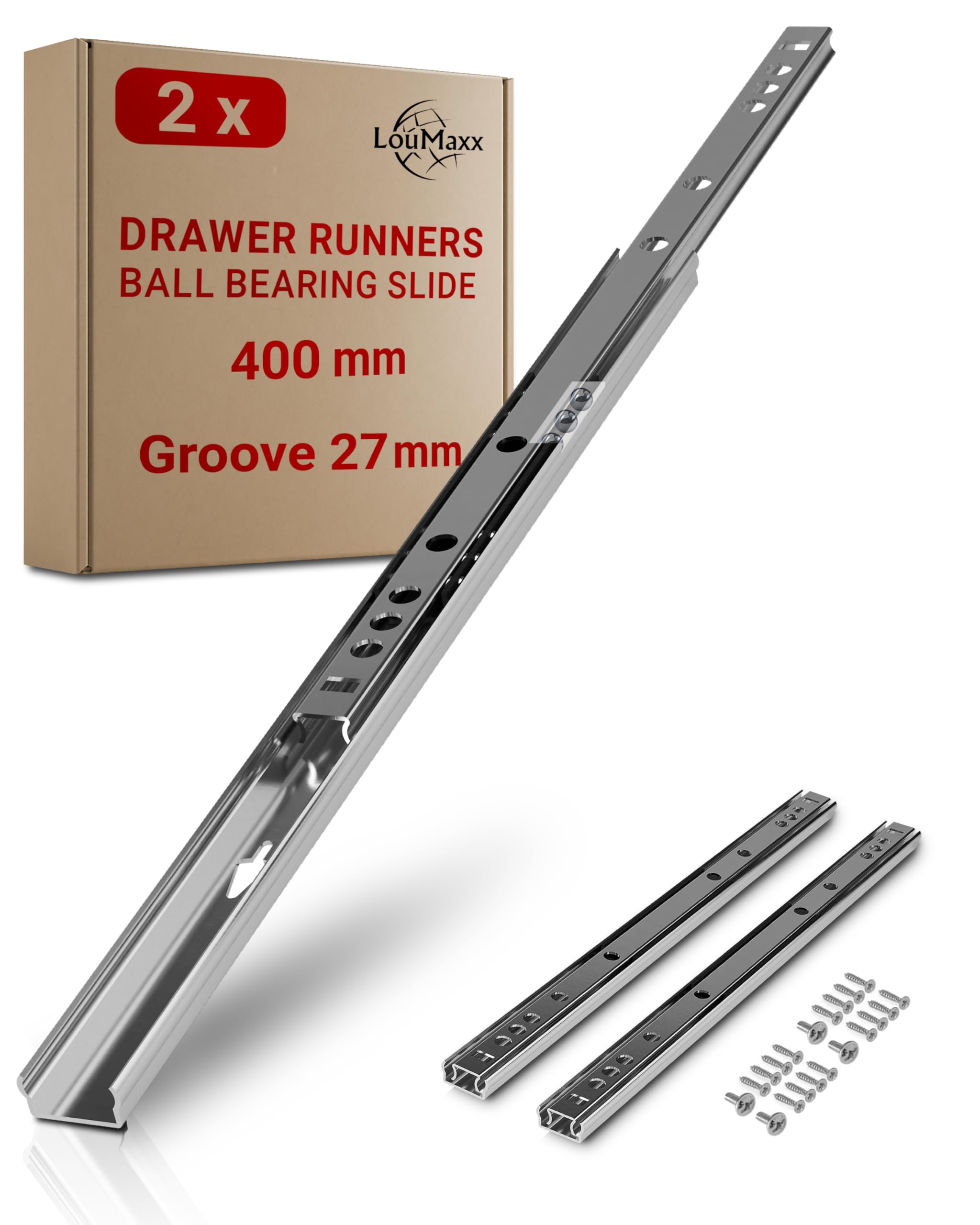 LouMaxx Drawer Runners 27mm Groove [2 Pack] - 400mm Cabinet Drawer Slides - Ball Bearing Drawer Runners - Suitable Replacement IKEA, MFI - Screws Included