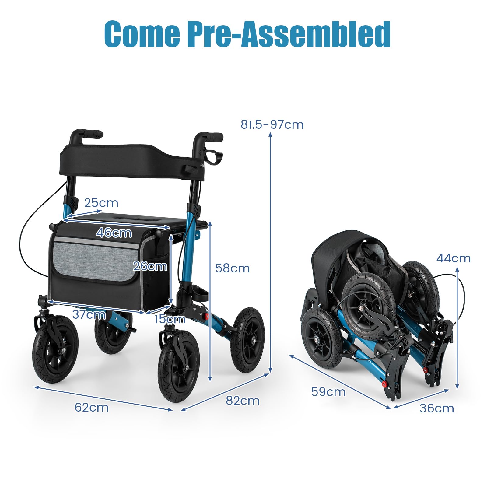 HOMASIS 2 in 1 Deambulatore per Anziani con Seduta, Deambulatore Pieghevole e Regolabile in 7 Altezze, Carrello Rollator in Alluminio per Anziani da Viaggio con Borsa, Fino a 140 kg (Blu)