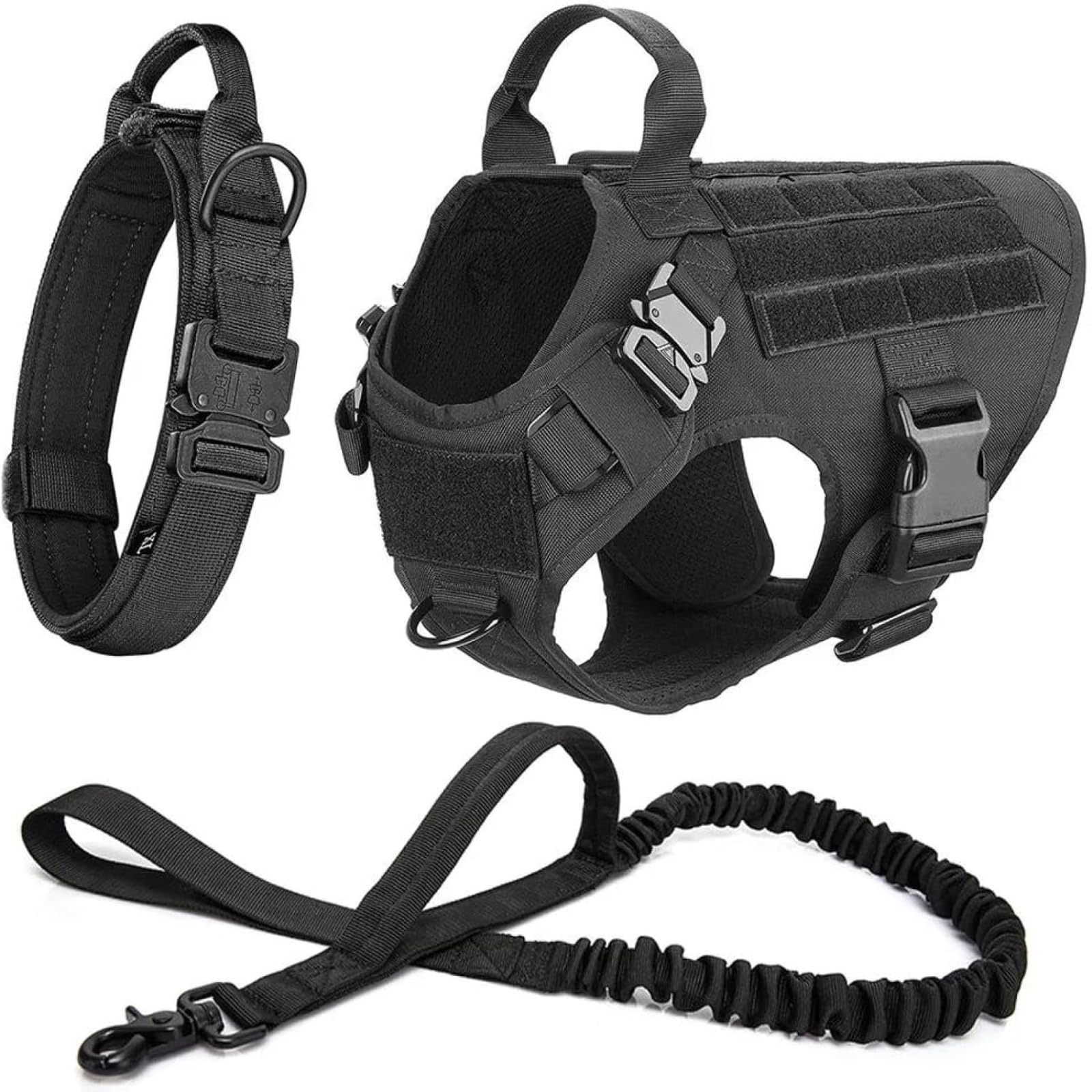 Set di pettorina guinzaglio e collare canino militare tattico - nylon resistente riflettente regolabile con due fibbie punti fissaggio multipli per l'allenamento il campeggio le attività