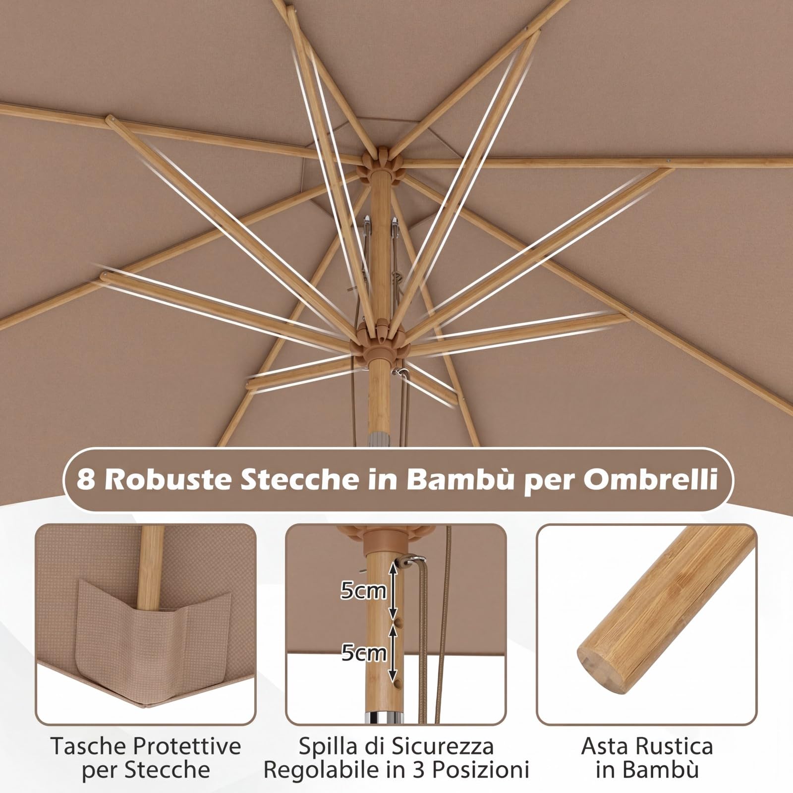 COSTWAY Ombrellone da Giardino 280 cm, Ombrellone Inclinazione Regolabile a 30°, con 8 Stecche, per Spiaggia Piscina Cortile (Marrone)