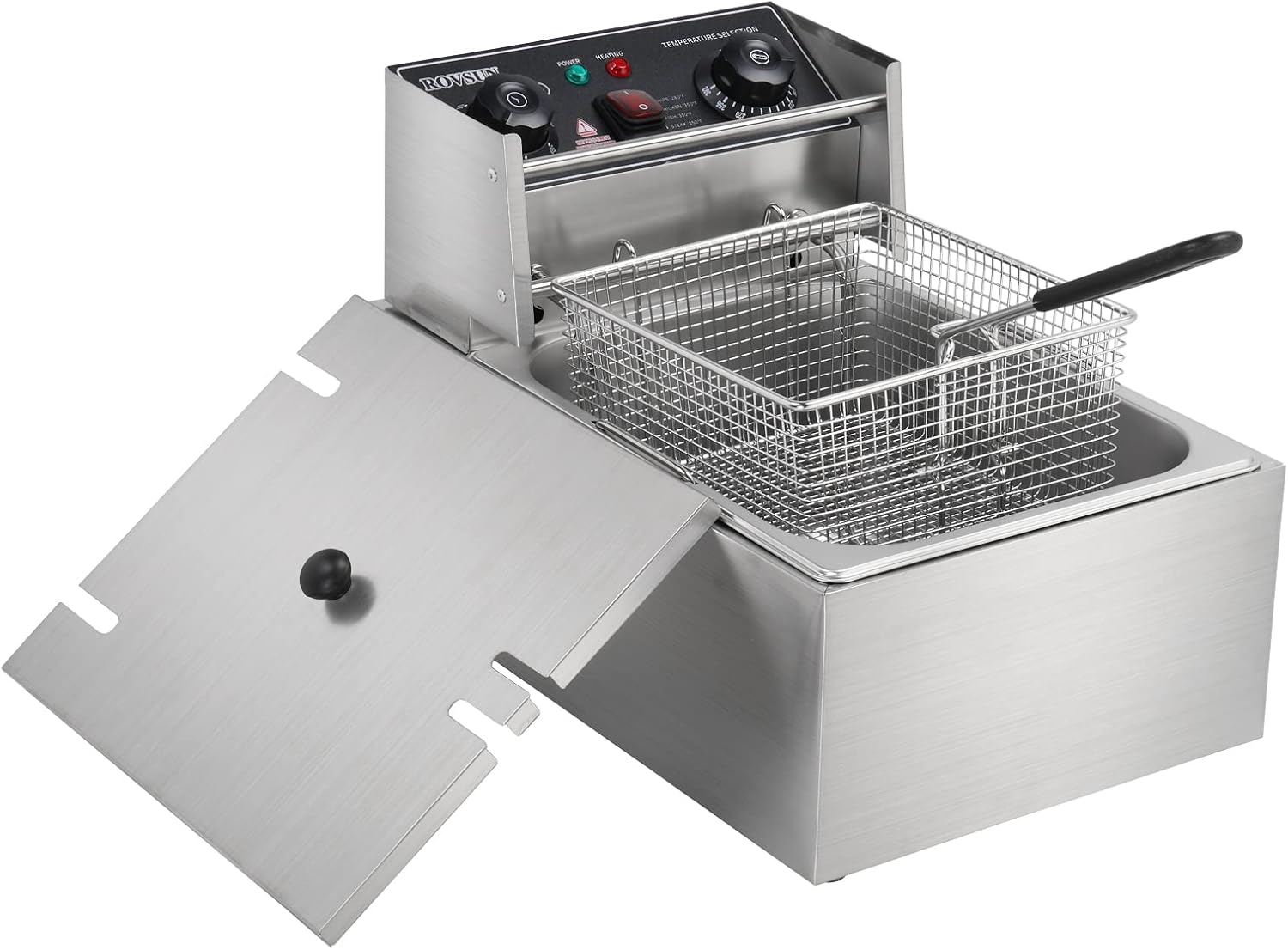 ROVSUN 11.4QT/10.8L Electric Deep Fryer w/ 60-Min Timer, Overheat Protection, Temperature Control & Basket, 2500W Fat Fryer Frying Machine Commercial Countertop Fryer for Kitchen Home Restaurant