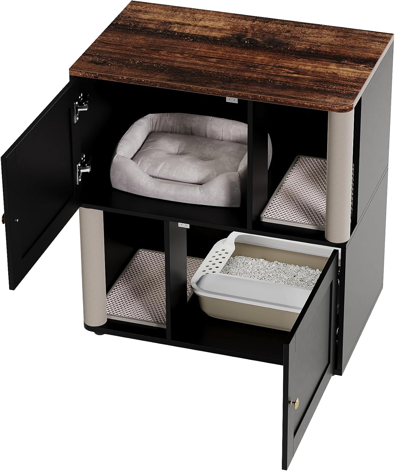 Garvee Cat Litter Box Enclosure for 2 Cats, Double Hidden Litter Box Furniture Cabinet with 2 Scratch Mat and Scratch Post, Modern Farmhouse Wooden Enclosed Cat Washroom, End Side Table