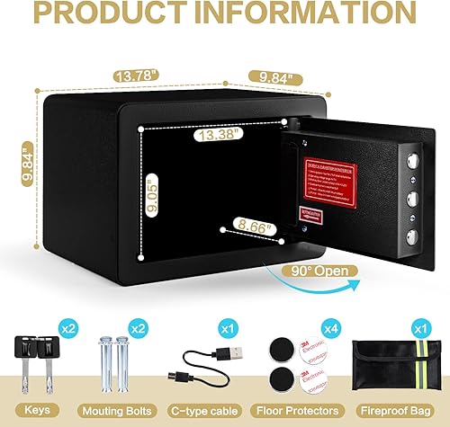 Miniatura 9 de Caja fuerte biométrica de 1.0 pies cúbicos, segura para huellas dactilares con bolsa ignífuga, estante extraíble, sistema de alarma, caja de dinero