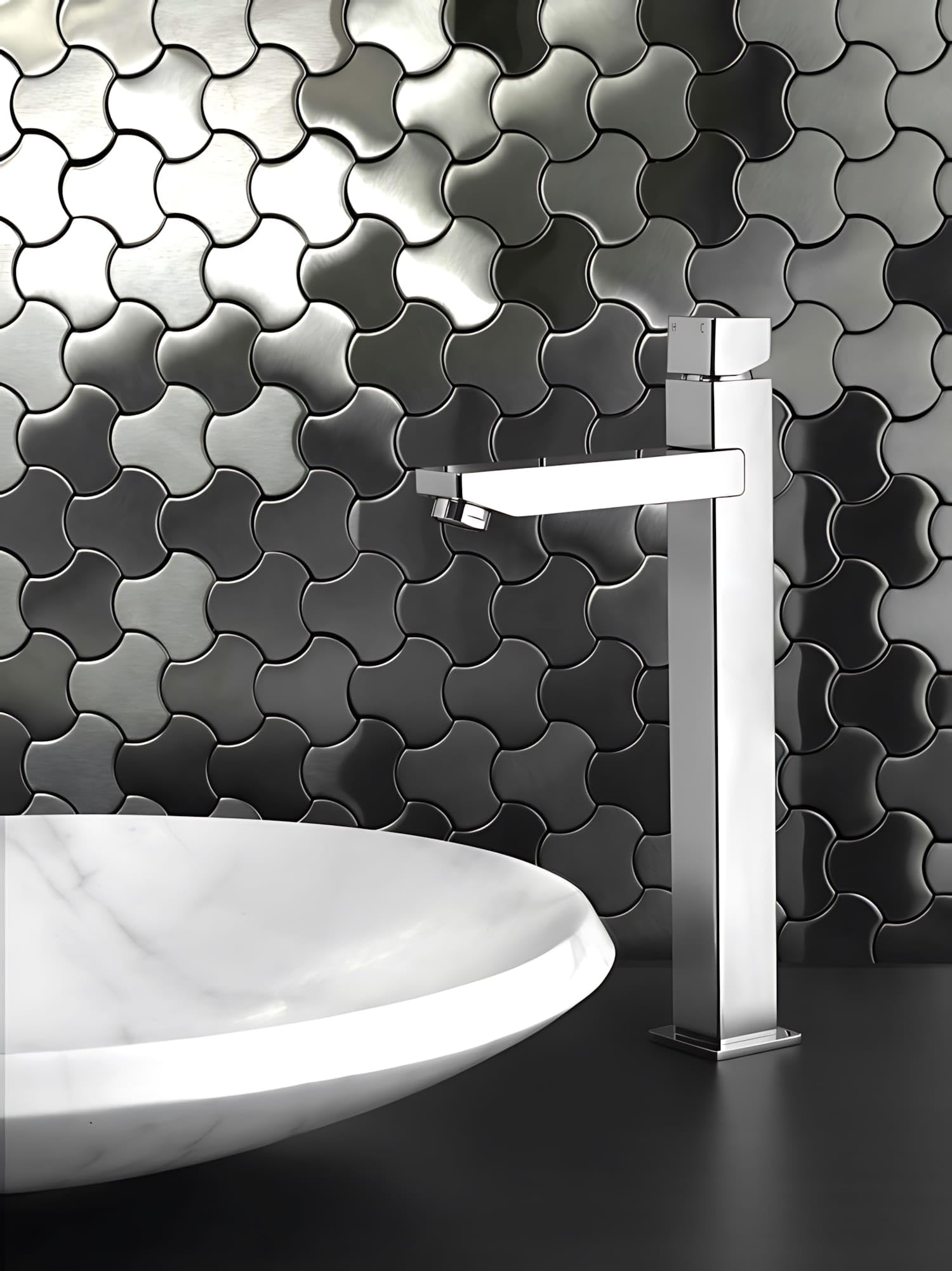 Mozaika płytka masywna metal stal szlachetna morska szczotkowana w kolorze szarym 1,6 mm grubości ALLOY Ubiquity-S-S-MB Designed by Karim Rashid 0,75 m2