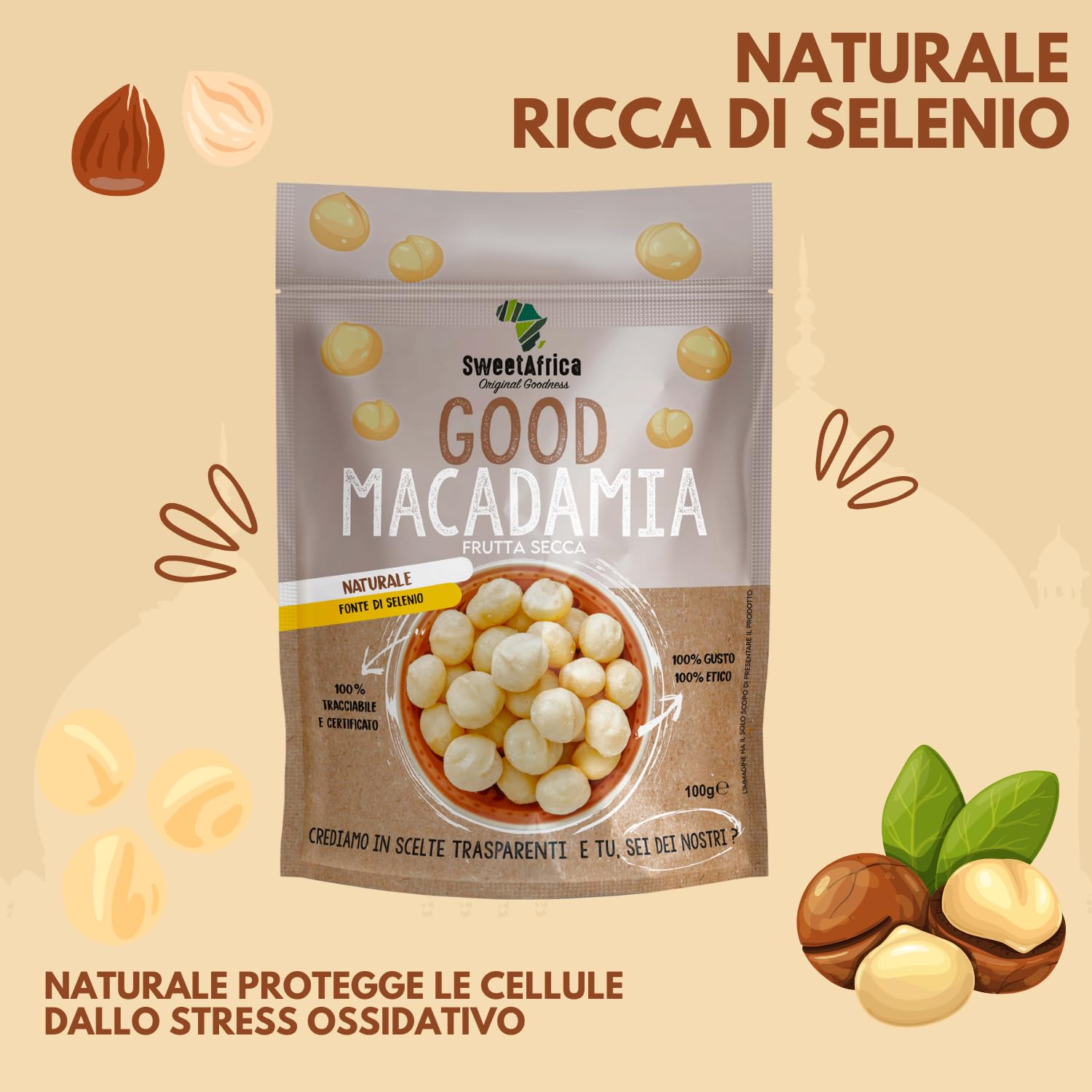 SweetAfrica - Good Macadamia Naturale - Snack di frutta secca - 100g x 6pz