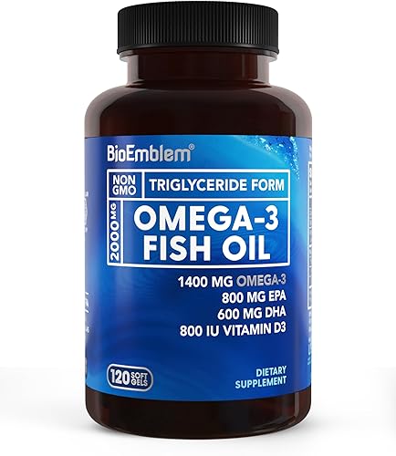 BioEmblem Aceite de pescado Omega-3 de 2000 mg, cápsulas blandas de tamaño pequeño, forma de alta absorción, sostenible - 1400 mg EPA y DHA más
