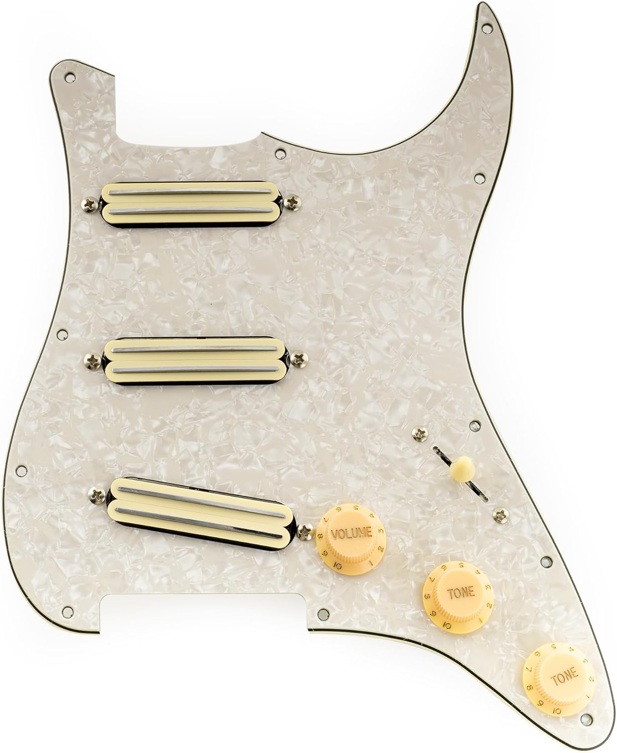 Musiclily Pro-SE ST-DPHC Pre-wired SSS Pickguard with Ceramic Mini Rail Humbucker for Strat Style Electric Guitar, 4Ply Aged White Pearl