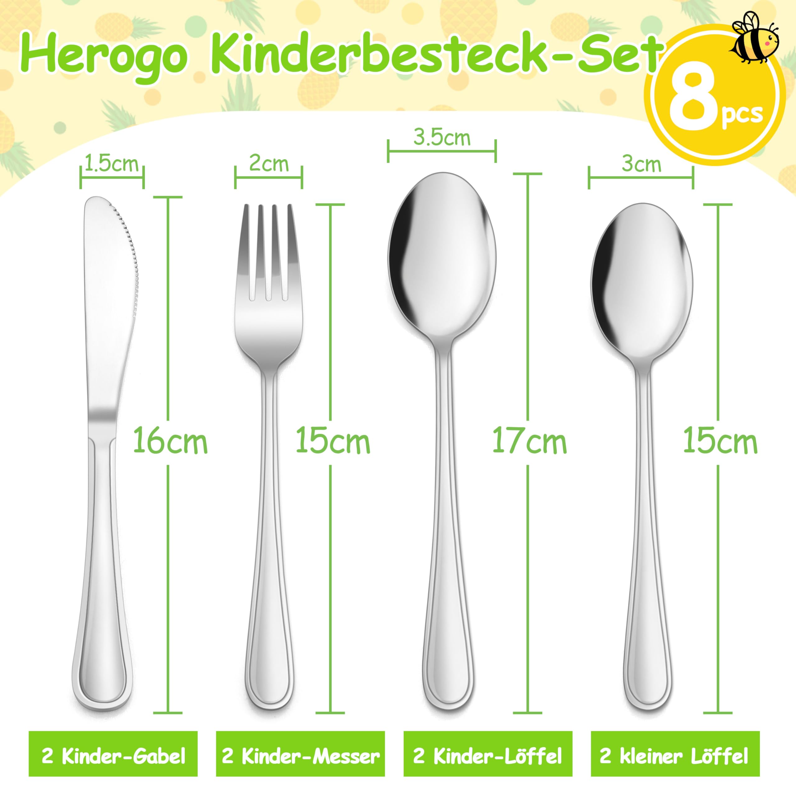 Herogo Set di 8 posate per bambini, in acciaio inox, con manico elegante, posate per bambini con 2 forchette per bambini, 2 cucchiai per bambini, 2 coltelli per bambini, 2 cucchiai piccoli, finitura a