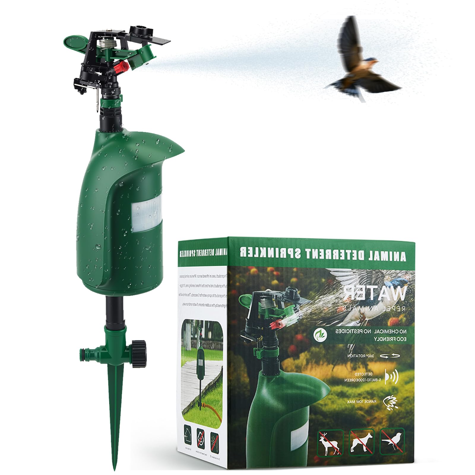 Dissuasore per gatti a 360°, con getto d'acqua,sensore PIR fino a 10 m, dissuasore a 360°, per gatti, martore, uccelli e procioni, repellente umano per giardino e laghetto