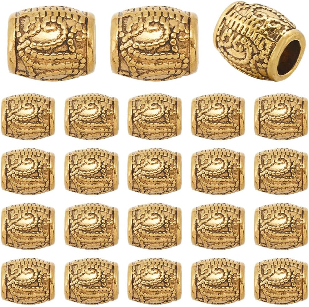 1 Box 100Pcs Large Hole Column Spacer Beads Gold European Bead Bulk Metal Alloy Antique Golden Tibetan Tube Rondelle Loose Charm Beads with Wavy Pattern for Bracelet DIY Jewelry Making Crafts