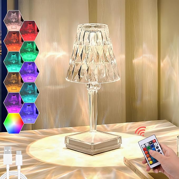 Solis Convene Crystal Table Lamp, 16 Color Changing Touch Crystal Rose Lamp with Remote, Rechargeable LED Diamond Romantic Night Light, Small Acrylic Cordless Table Lamp for Bedrooms Party Dinner Bar Decor Lights