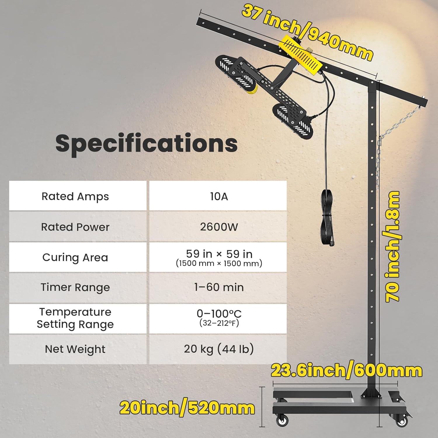 Infrared Paint Curing Lamp 2600W, Mobile Short Wave Infrared Paint Curing System for Auto Body Repair and Industrial Painting