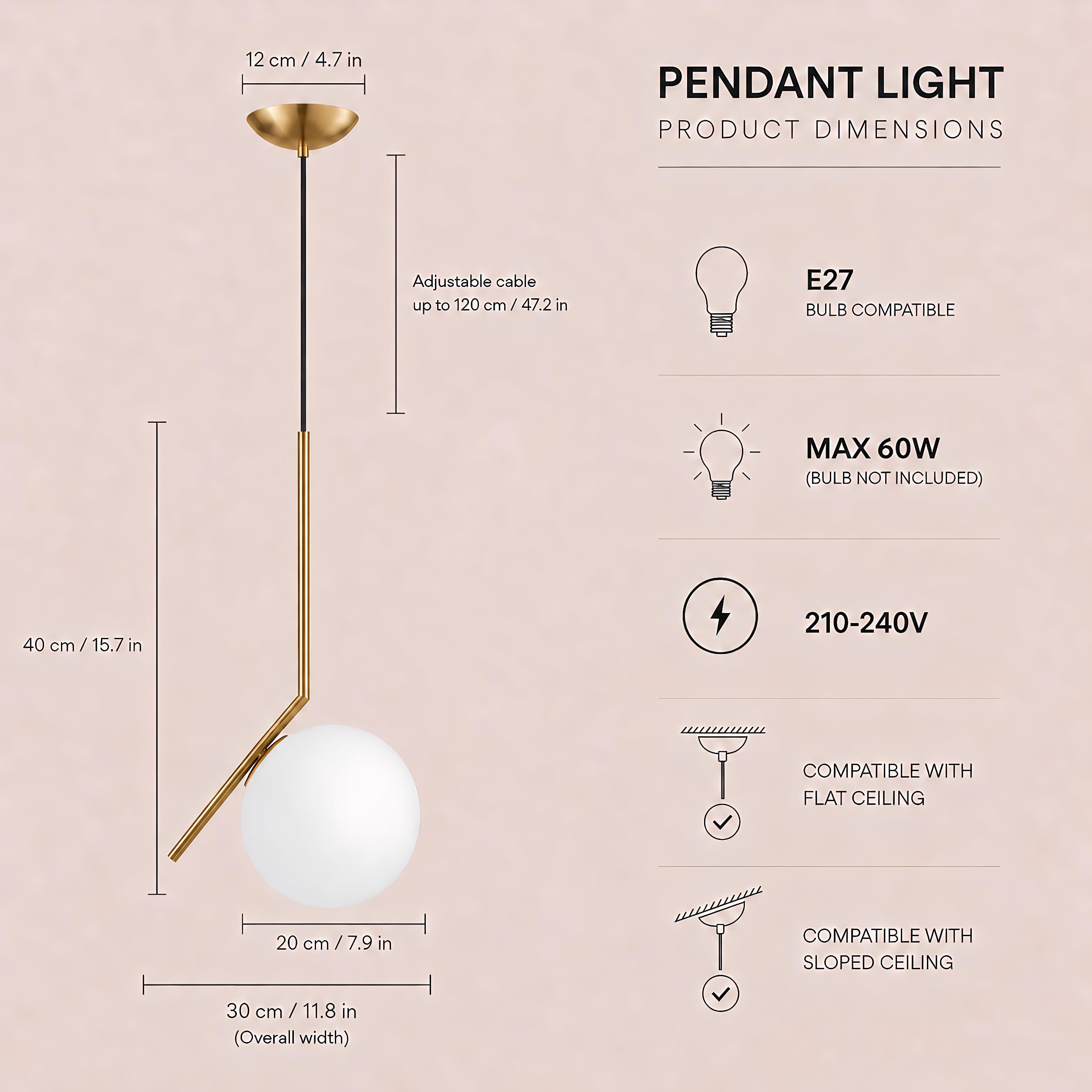 Lámpara colgante asimétrica de vidrio, Lámpara colgante E27, Globo de vidrio opalino, Barra de hierro Dorado, Cable ajustable 120cm para isla de cocina, comedor, dormitorio, cafetería (20CM)