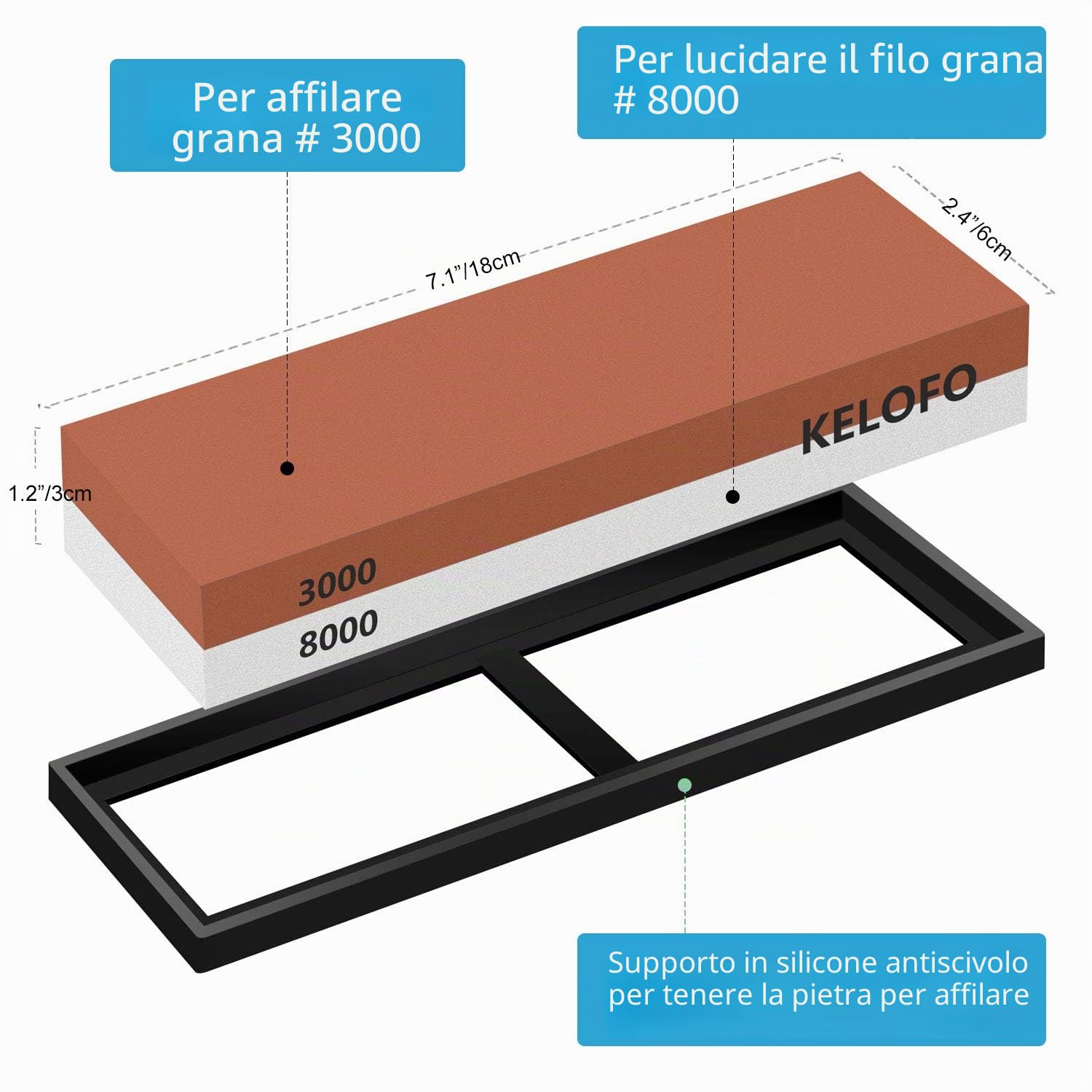 Pietra per Affilare Grana 3000 8000, KELOFO 2-in-1 Pietra Affilacoltelli Professionale con Base in Antiscivolo