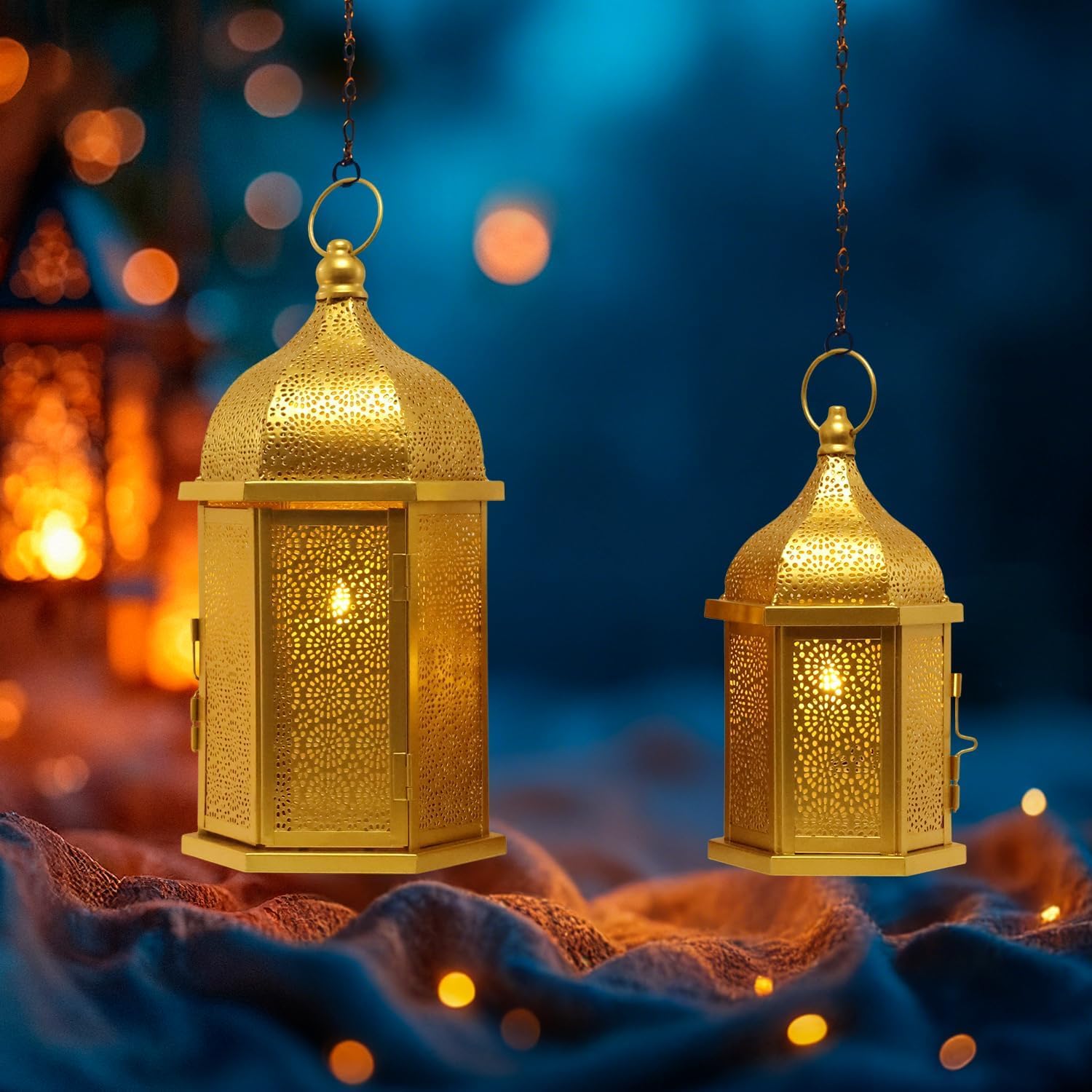 NEEDOMO Ramadan Decorations for Home, 15‘’ & 10.8‘’ Golden Ramadan Lanterns, Vintage Metal Moroccan Candle Lantern Decor for Tabletop, Mantel, Wall, Indoor Outdoor, EID Mubarak Gift