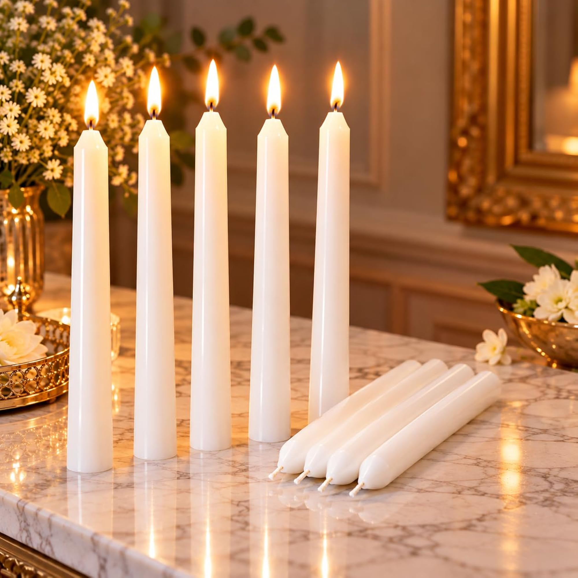 Long White Taper Candles, Dripless Candlesticks, Gift Set