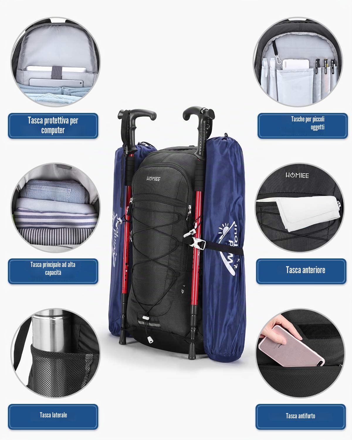 HOMIEE Zaino Trekking 45 Litri, Resistente all'acqua, Zaino da Escursione per Trekking Alpinismo, Multifunzione Zaino da Campeggio per Sciare Sport Viaggio, Donna e Uomo